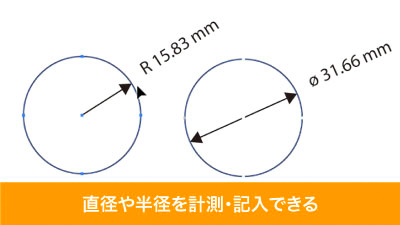 円の外周からドラッグで直径や半径を計測できる