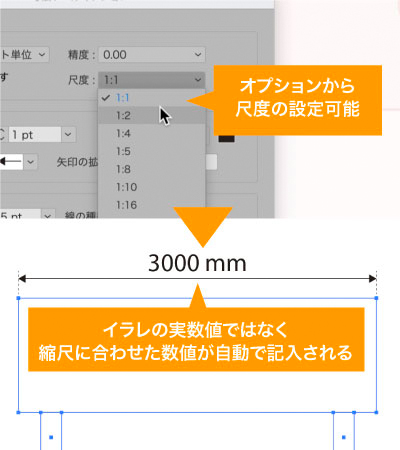 尺度を設定することで縮小された展開図でも実際のサイズを自動で記入