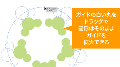 ガイドの白い丸をドラッグで配置図形のサイズはそのままサイズを拡大できる