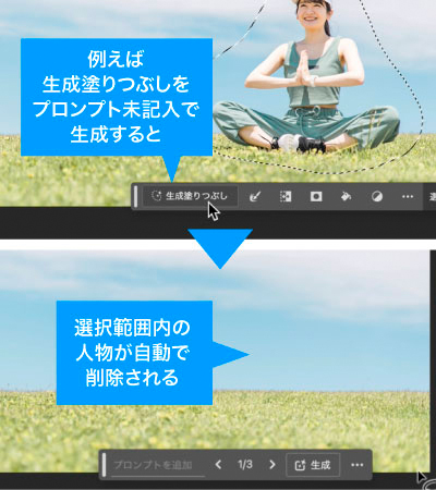 生成塗りつぶしをプロンプト未記入で生成で範囲内のものを自然に削除できる