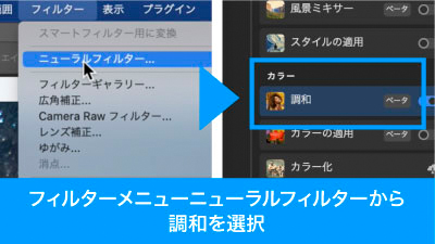 フィルターメニューのニューラルフィルターから調和を選択
