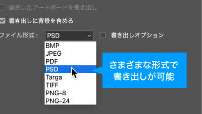 指定の形式でアートボードごとに保存可能