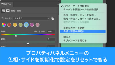 プロパティパネルのメニューから設定値を初期化できる