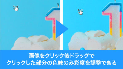 指先アイコンを選択の上でクリック、ドラッグすればその部分の色味のみ彩度が変更される