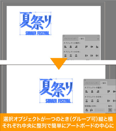選択オブジェクトがひとつのときはアートボードに対して整列される