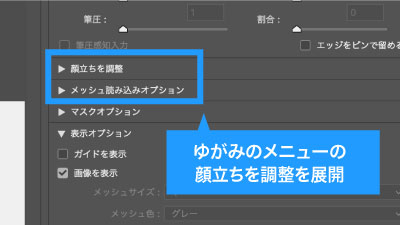 ゆがみメニューの顔立ちを調整を展開