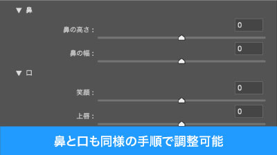 鼻や口も同様にスライダで変更可能。特に口は口角で笑顔を作り出せる