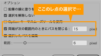 おすすめオプション、両端が次の範囲内のときにパスを閉じる