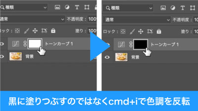 レイヤーマスクを黒く塗りつぶすのではなくcmd+iで反転する